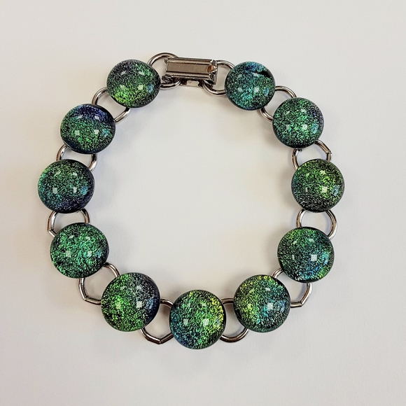 7" Green & Blue Dichroic Fused Glass Bracelet - Picture 2 of 3
